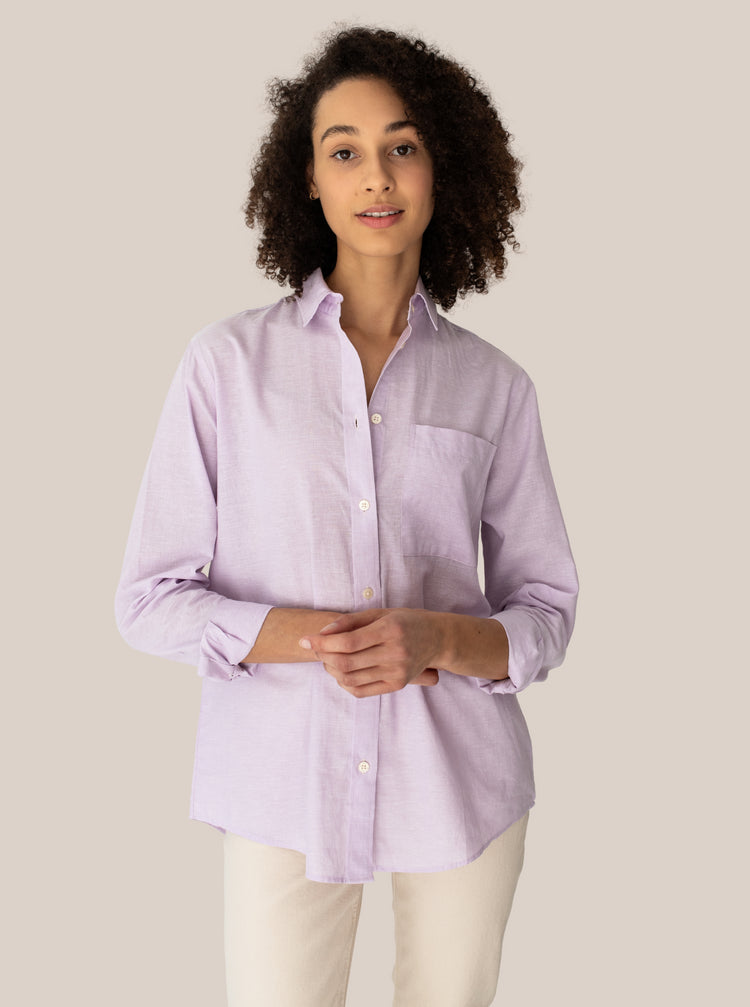Model with Lilac blouse in relaxed fit with chest pocket